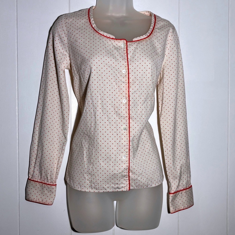 VTG Y2K A.P.C. Red Polka Dot Cotton Button Blouse Red Piping Sz 40 Quiet Luxury